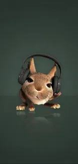 Adorable squirrel wearing headphones on a dark green background.