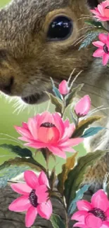 Squirrel with vivid pink flowers in nature wallpaper.