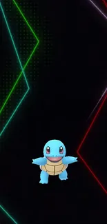 Squirtle character with neon geometric lines on a dark background.