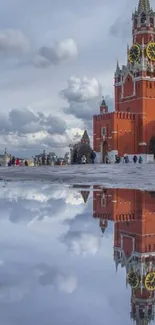 Reflection of St. Basil's Cathedral in a cloudy sky.