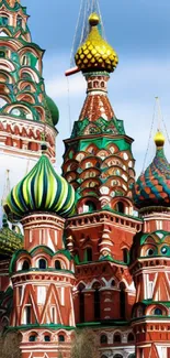 Vibrant domes of St. Basil's Cathedral in Moscow with clear blue sky.