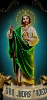 St. Jude Tadeo with halo and green robe on decorative wallpaper.