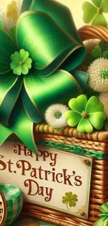 St. Patrick's Day basket with green ribbon and clovers.