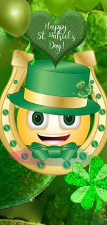 Festive St. Patrick's Day emoji with hats, horseshoe, and shamrocks.