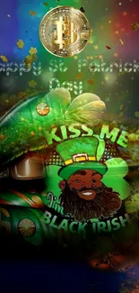 St. Patrick's Day wallpaper with leprechaun and bitcoin.