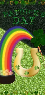 St. Patrick's Day wallpaper with rainbow, horseshoe, shamrock, and pot of gold.