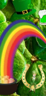 Colorful St. Patrick's Day wallpaper with rainbow and leprechaun.