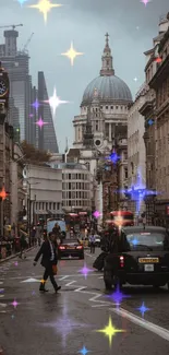 St. Paul's Cathedral in rainy London cityscape featuring vibrant street life.