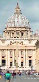 View of St. Peter's Basilica with vibrant streets and classic architecture.