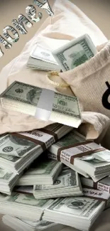 Stacks of cash and a money bag with dollar symbol.