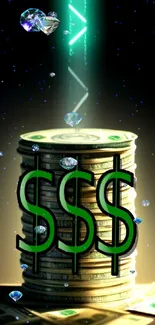 Stack of cash with glowing dollar sign wallpaper.