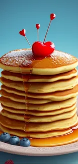 Stack of pancakes with syrup, berries, and heart decorations on a light blue background.