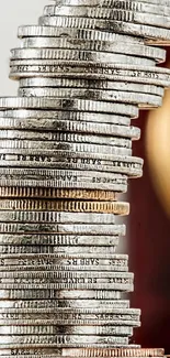 Stacked coins with a clock in the blurred background, symbolizing time and wealth.