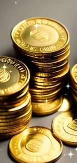 Wallpaper of neatly stacked shimmering gold coins on a reflective surface.