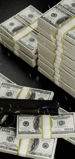 Wallpaper with stacks of dollar bills and a gun on a black background.