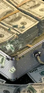 Stacks of U.S. dollar bills in an open silver briefcase for wallpaper background.