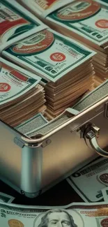 Stacks of cash inside a metallic briefcase