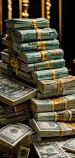 Stacks of dollar bills with gold accents