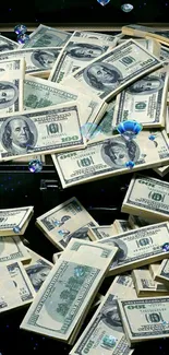 Wallpaper with stacks of US dollar bills in a suitcase.