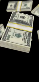 Mobile wallpaper with stacks of 100 dollar bills on a black background.