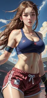 Anime-style female athlete poised in a stadium setting with sky and clouds.