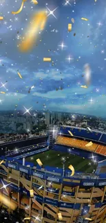 Stadium under a starry and festive night sky.