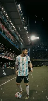 Football player on stadium field under night lights in action.