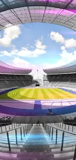 Stadium interior with a vibrant field and open sky above.