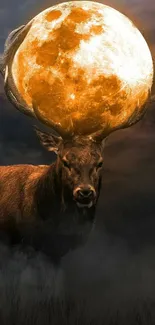 Majestic stag with glowing full moon behind, set against a dark smoky landscape.