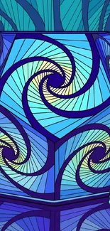 Stained glass art with intricate blue patterns and a butterfly accent.