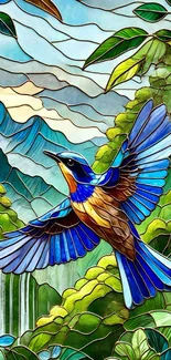 Colorful stained glass style bird and nature scene.