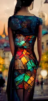 Elegant stained glass dress in a vibrant cityscape setting.