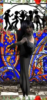 Fantasy dance scene with stained glass background.