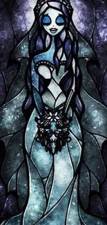 Gothic stained glass bride in purple and blue hues.