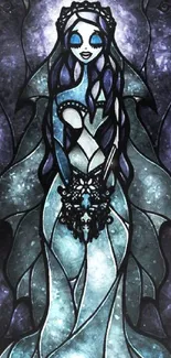 Gothic stained glass bride in blue hues.