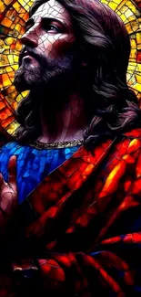 Vibrant stained glass art depicting Jesus Christ in vivid colors.