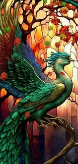 Stained glass phoenix with vibrant teal feathers and intricate design.