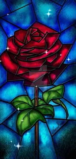 Stained glass design of a red rose with green leaves on a blue background.