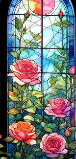 Stained glass window with vibrant pink roses design.