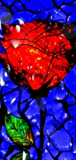 Colorful stained glass rose with a blue background.