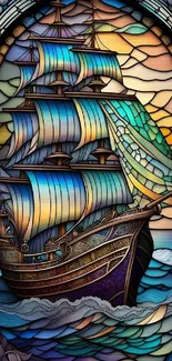 Stained glass artwork of a sailing ship against vibrant waves.