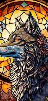 Stained glass wolf art with amber and blue hues.