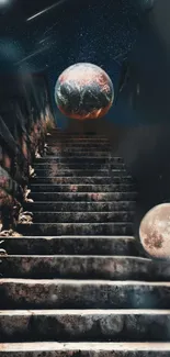 Mysterious staircase leading into a cosmic scene with planets and stars.