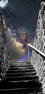 Stone staircase leading to galaxy sky with stars at night.