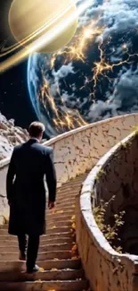 Man ascending stone stairs towards cosmic planet with glowing rings.