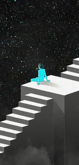 Surreal staircase under a starry night sky in cosmic mobile wallpaper.