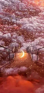 Dreamy stairway through pink clouds with a crescent moon and vibrant sky.