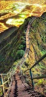 Stunning mountain pathway with city lights.