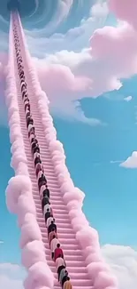 Surreal pink cloud stairway leading into the sky.