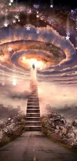 Mystical stairway leading into cosmic clouds and galaxies, a surreal fantasy scene.